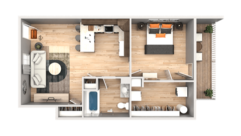 Floor plan for 1 bed, 1 bath, 680 sqft